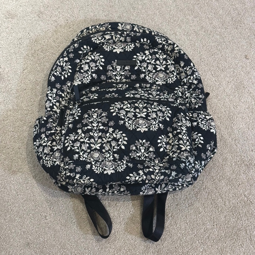 Vera Bradley Quilted Cotton Backpack Black White Floral Large Zip School Bag